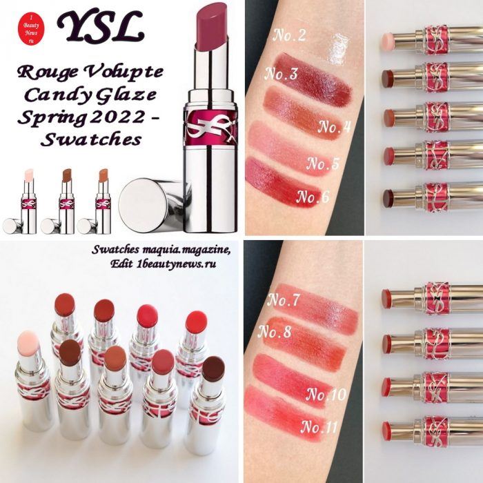 Свотчи новых глянцевых губных помад YSL Rouge Volupte Candy Glaze Spring 2022 - Swatches